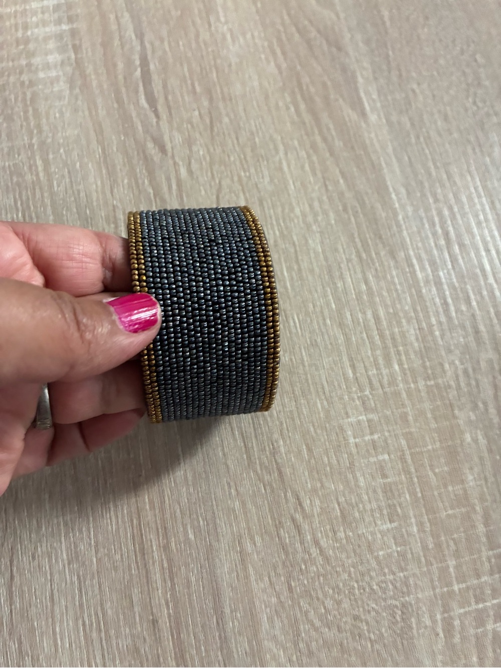 Handmade Gray Beaded Cuff Bracelet with Gold Edge